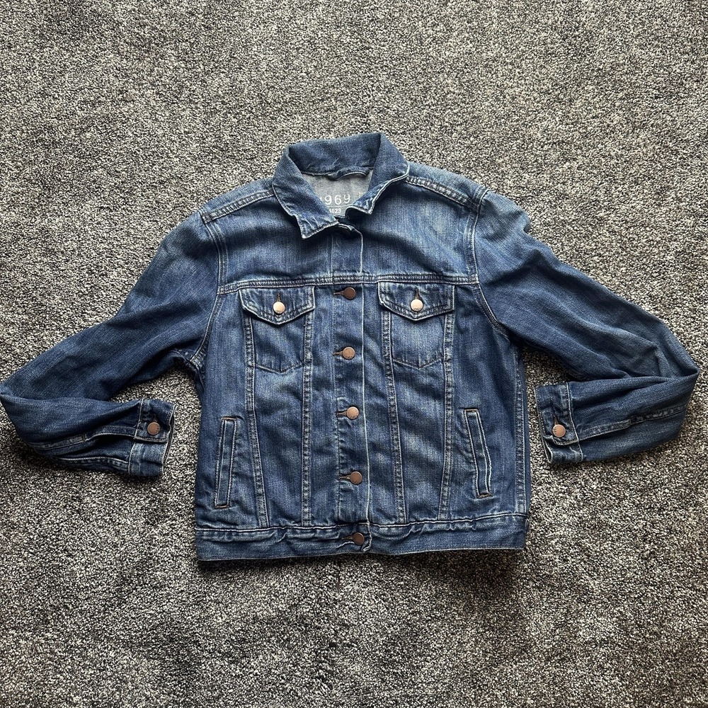 Gap 1969 Jacket Womens M Blue Denim Collared Button Icon Flap Jack Unlined
